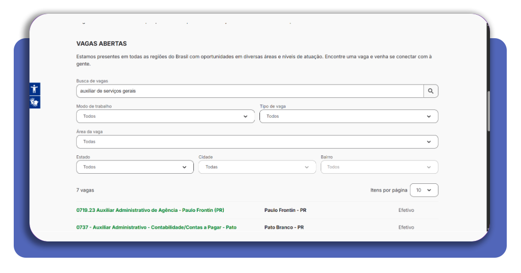 Filtros de busca por cargo e localidade no portal de vagas de cooperativas de crédito