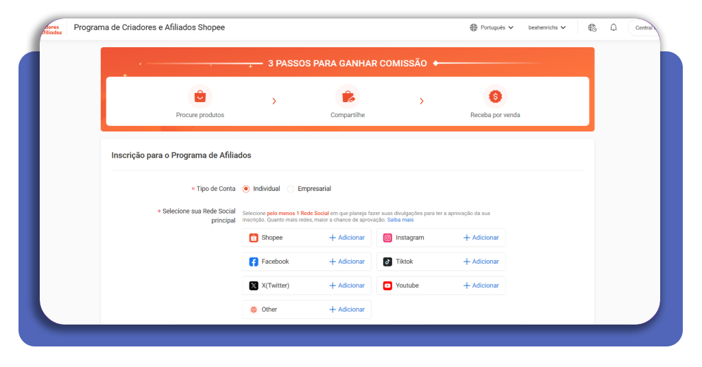 Passo 3 - Informe o canal de divulgação no cadastro Shopee Afiliados