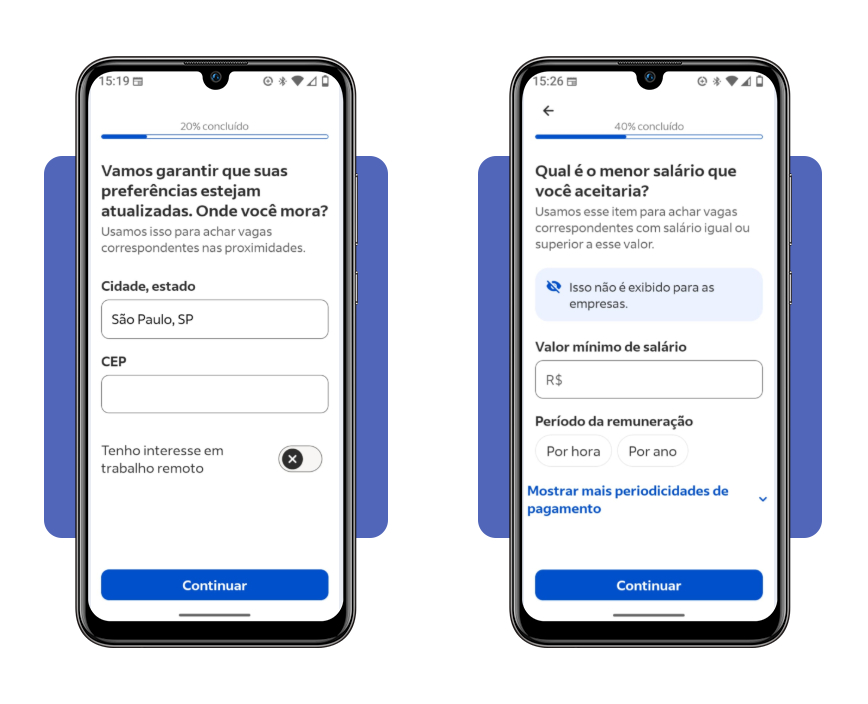 Formulário de dados profissionais no app Indeed