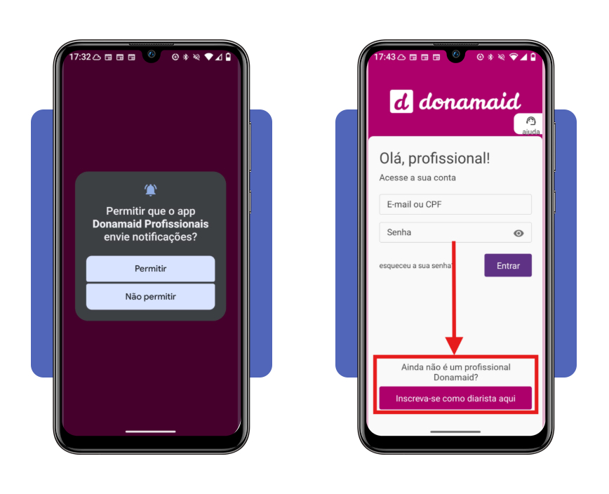 Tela inicial do app Donamaid com opção de inscrição como diarista