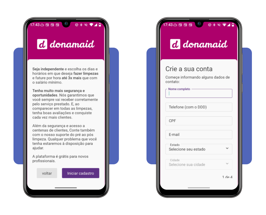 Tela de dados cadastrais do app Donamaid