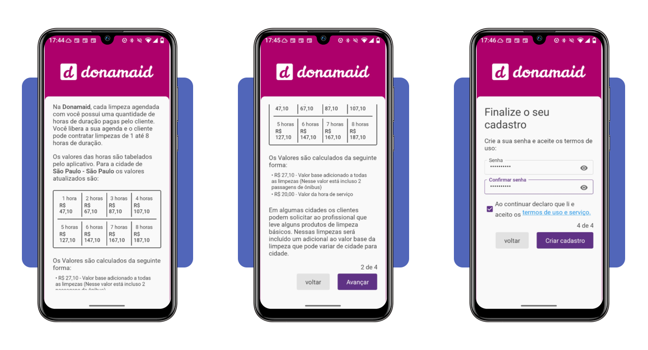 Tela de criação de senha no app Donamaid