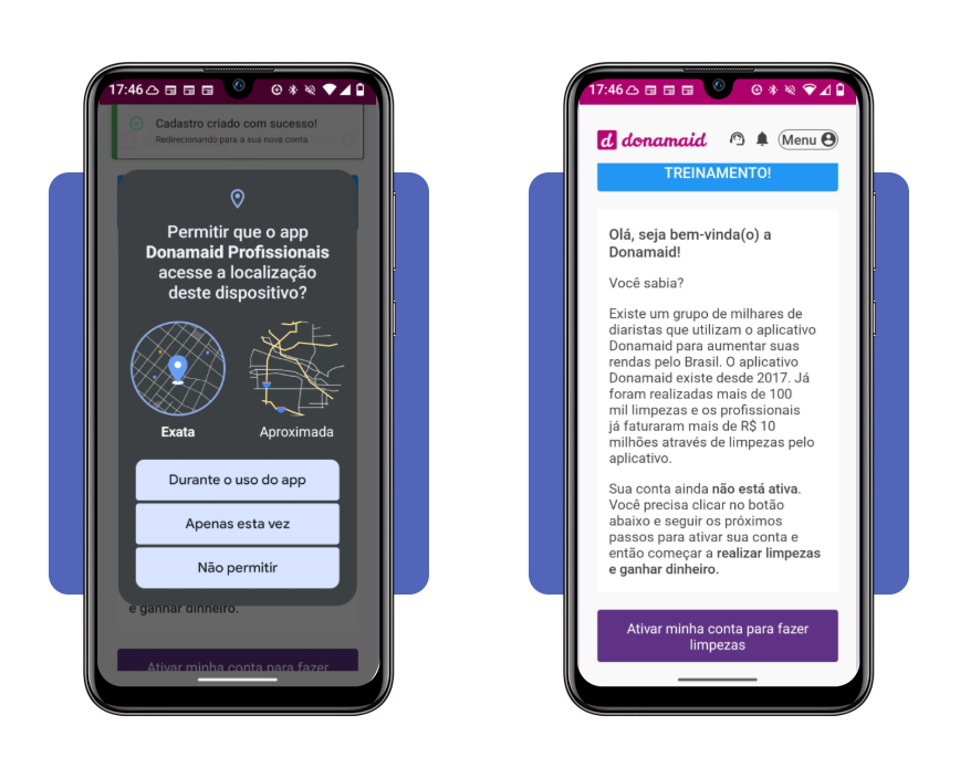 Tela de ativação de conta no app Donamaid