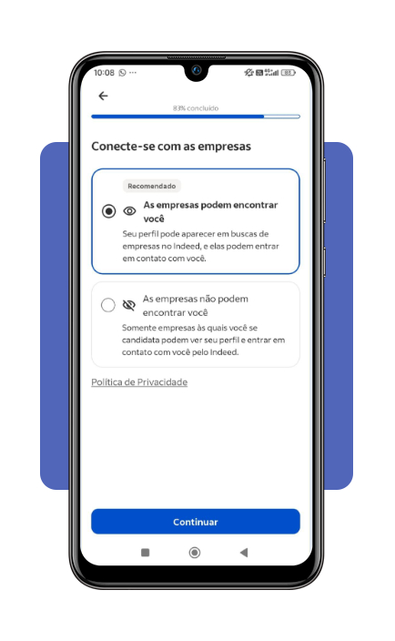 Configuração de visibilidade do currículo no Indeed