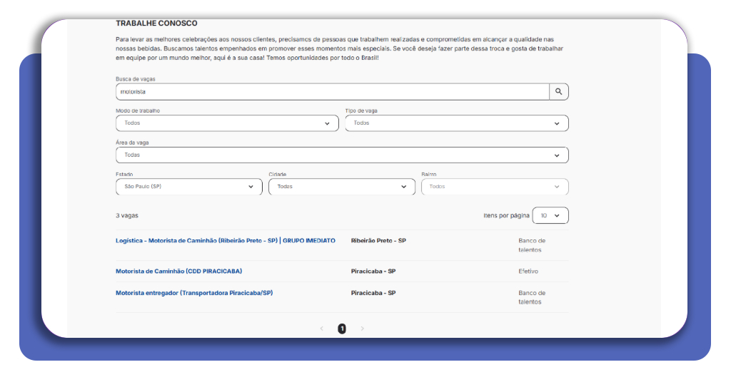 Busca de vagas de motorista no portal da Ambev