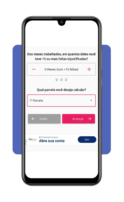 Campo de faltas e seleção de parcela no app Cálculo Décimo Terceiro