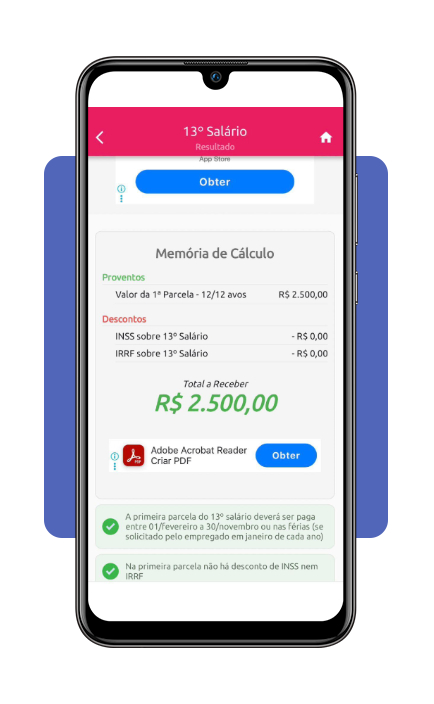 Resultado do cálculo do décimo terceiro salário no app