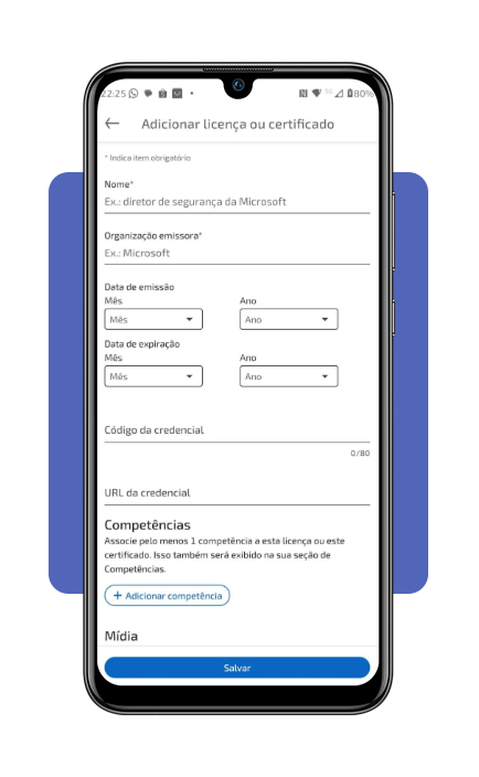 Formulário para incluir informações do certificado no LinkedIn