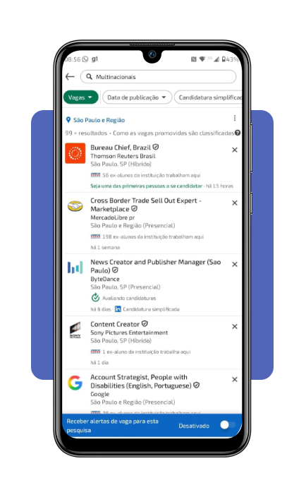 Lista de vagas disponíveis no aplicativo LinkedIn