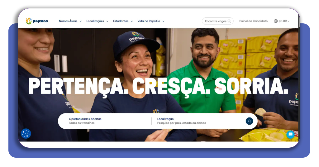 Tela inicial do portal de carreiras da PepsiCo