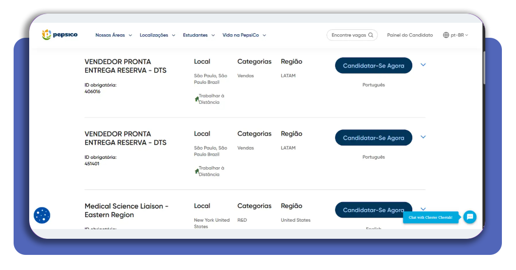 Filtros de busca de vagas no portal PepsiCo Jobs