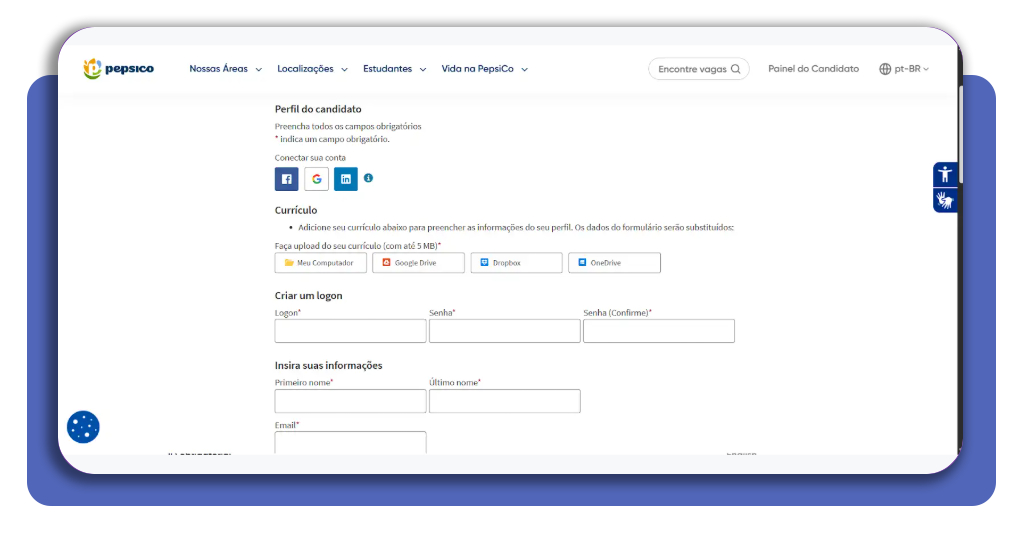 Tela de candidatura e preenchimento de currículo no portal PepsiCo Jobs