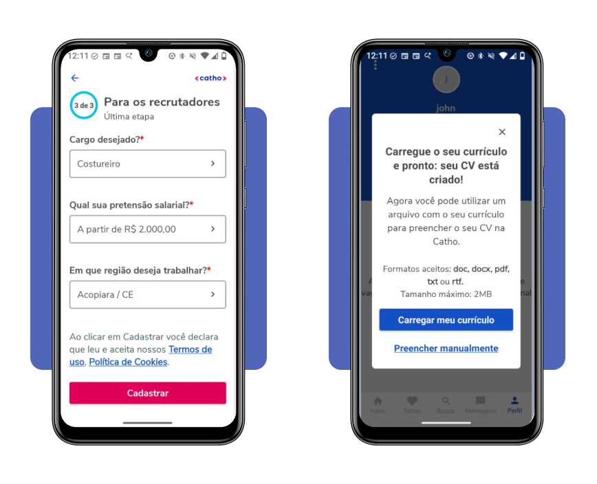 Preenchimento dos dados profissionais no aplicativo Catho