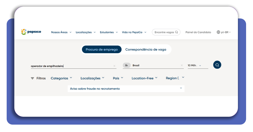 Barra de pesquisa de vagas no portal PepsiCo