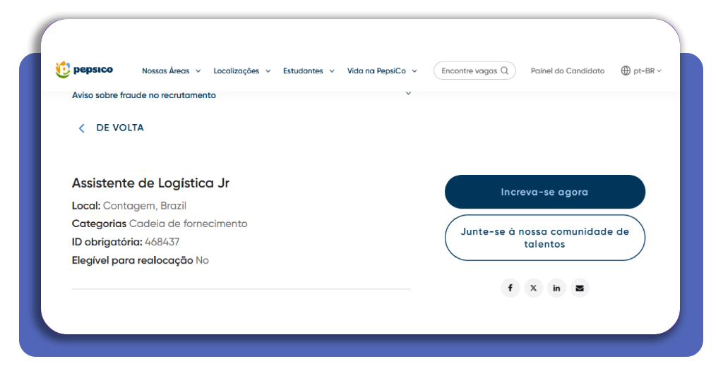 Formulário de cadastro de candidatura no portal PepsiCo