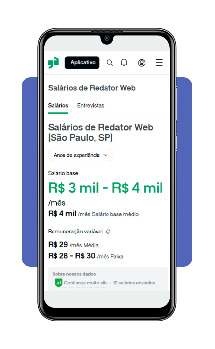 Resultados de média salarial exibidos no Glassdoor