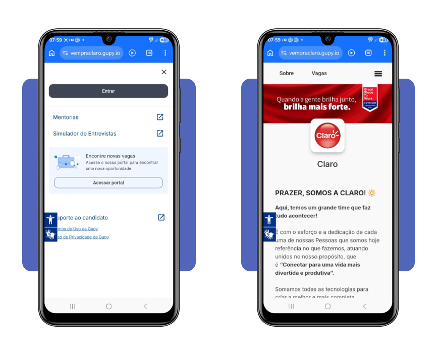 Tela de acesso ao site de vagas da Vivo, Claro ou Tim na plataforma Gupy