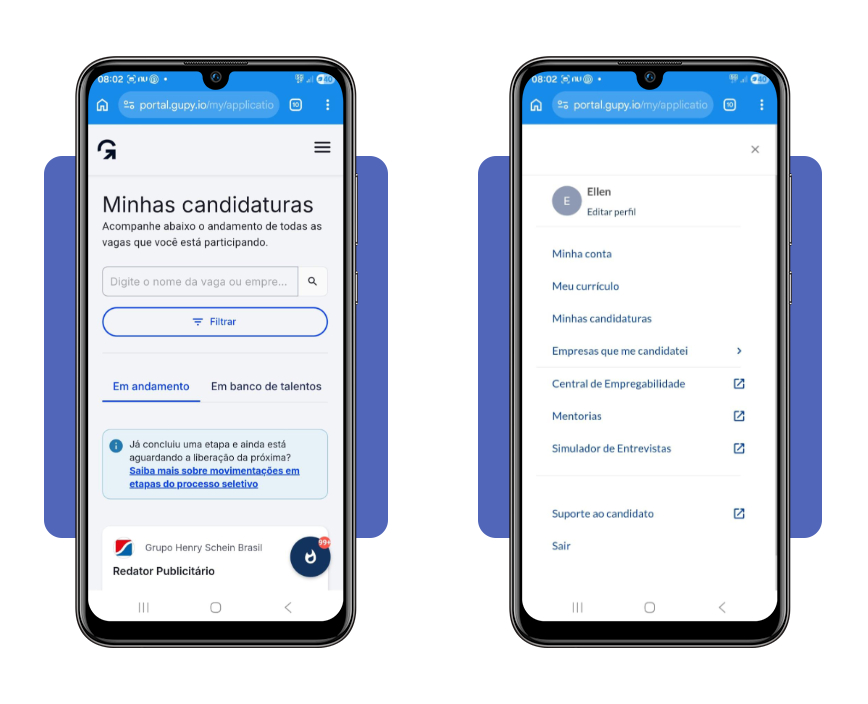 Menu da plataforma Gupy com opção Meu currículo