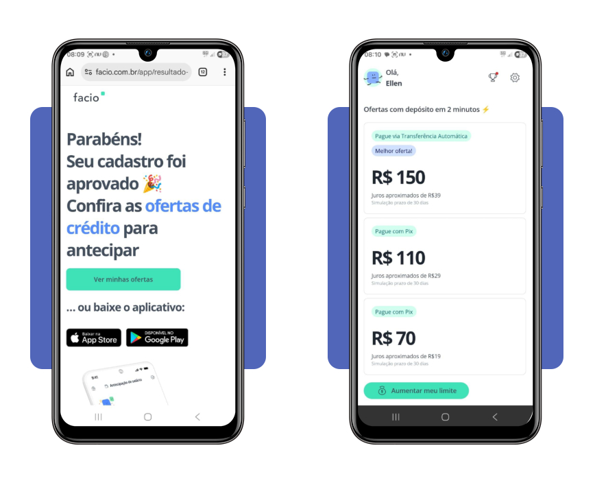 Tela de ofertas de crédito no app Facio
