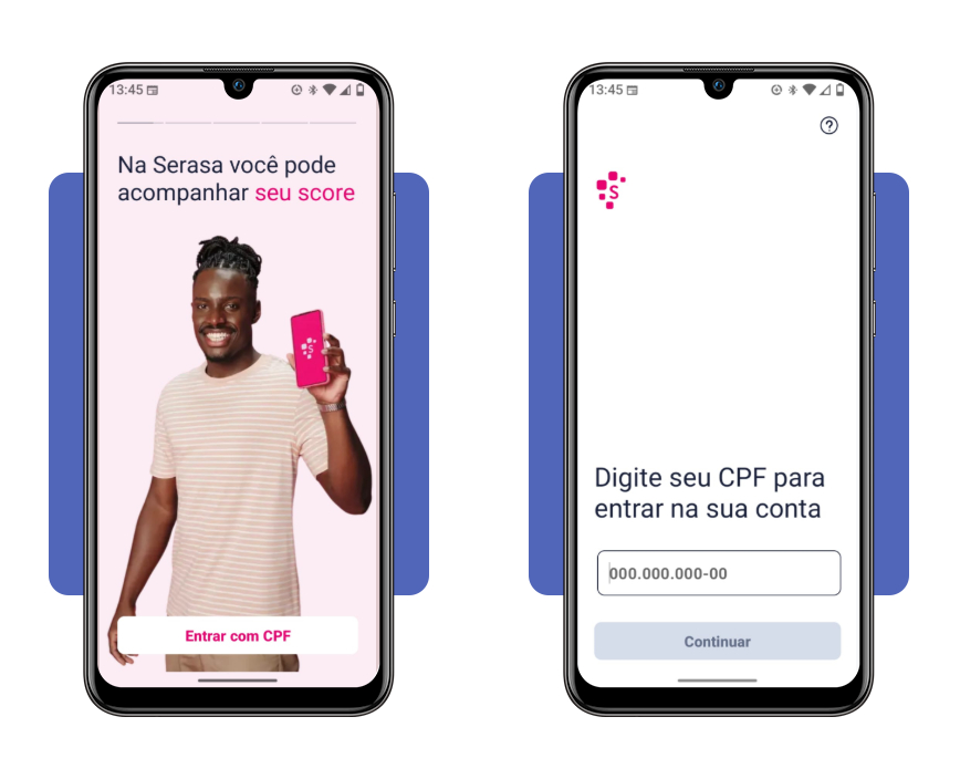 Tela de cadastro e login no aplicativo Serasa