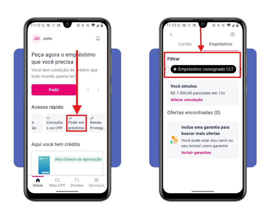 Tela de navegação até a opção de empréstimo consignado CLT no app Serasa