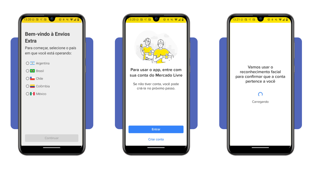 Tela de login do aplicativo Envios Extra do Mercado Livre
