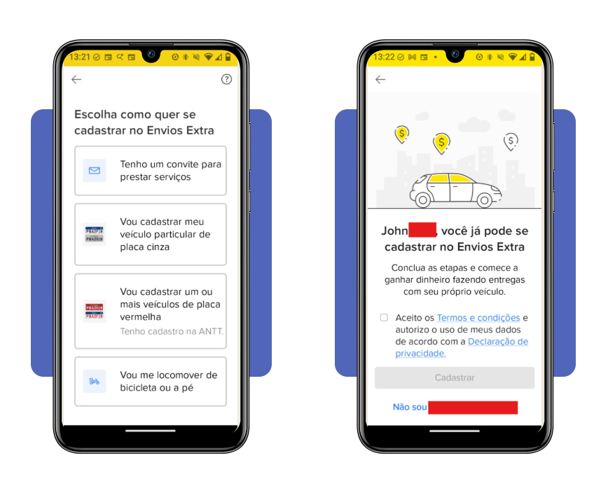 Tela de seleção de veículo e aceite de termos no app Envios Extra