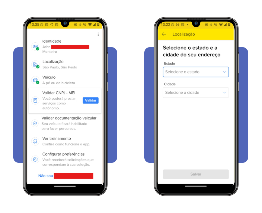 Tela de seleção de estado e cidade no app Envios Extra