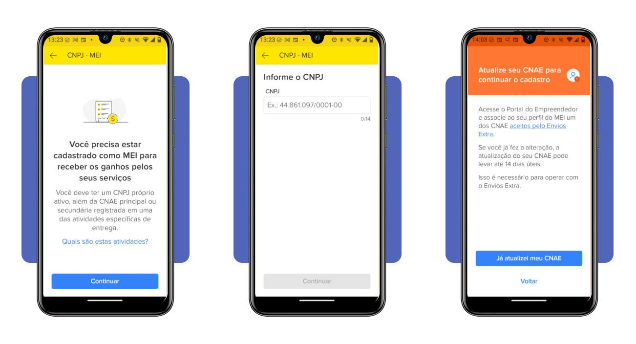 Tela de preenchimento de CNPJ no app Envios Extra