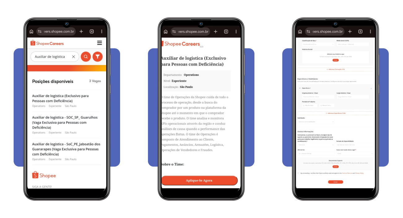 Tela do portal de carreiras da Shopee com campo de busca de vagas