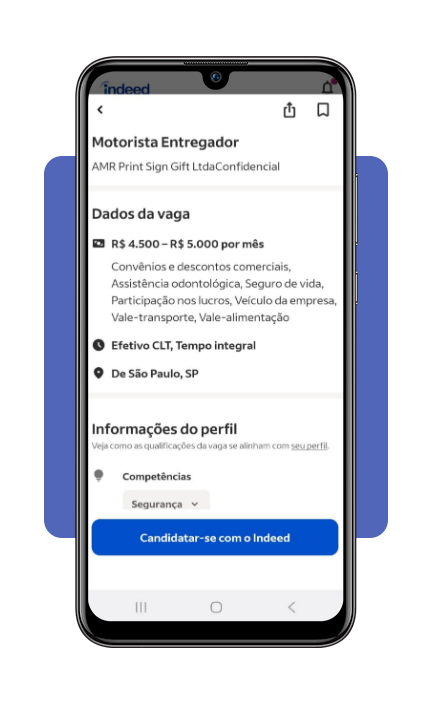 Tela de candidatura a vaga de motorista no aplicativo Indeed