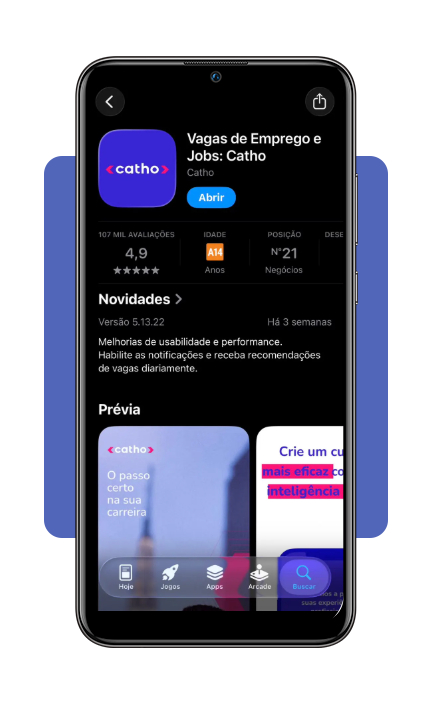 Tela de download do aplicativo Catho na loja de apps