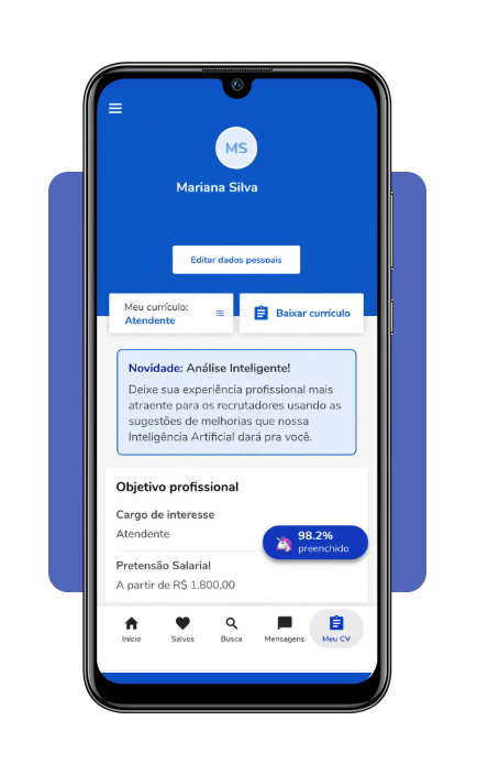 Tela de adição de histórico profissional no aplicativo Catho