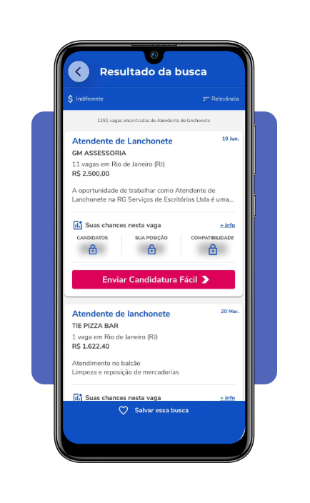 Tela de busca de vagas por cidade no aplicativo Catho