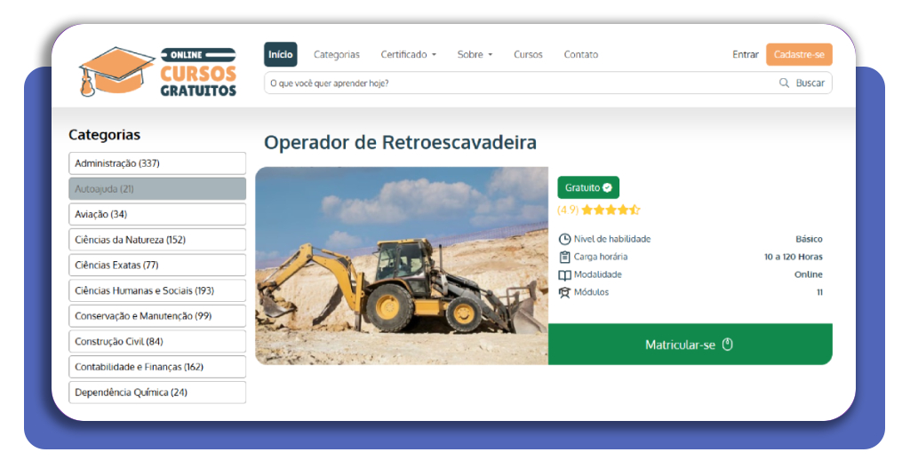 Página do curso de retroescavadeira grátis na plataforma Online Cursos Gratuitos