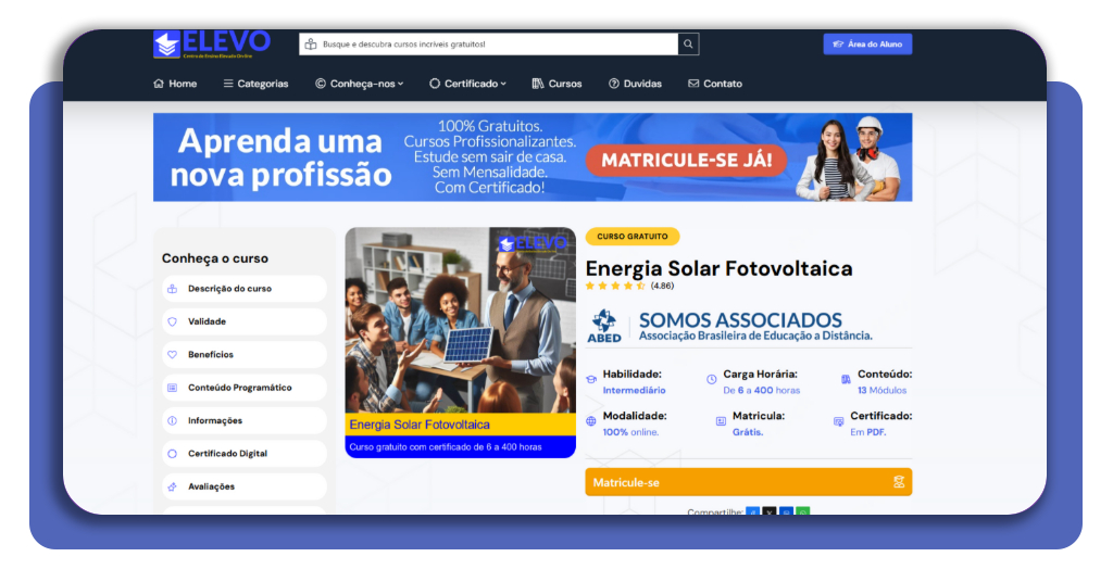 Página do curso de Energia Solar Fotovoltaica da Elevo Cursos com botão de matrícula