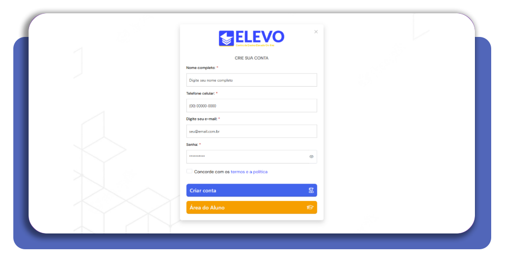 Formulário de criação de conta na plataforma Elevo Cursos