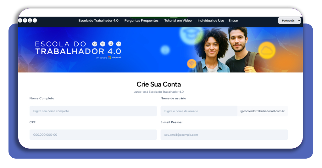 Formulário de cadastro do portal Caminho Digital com campos para dados pessoais