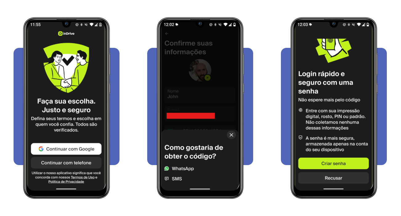 Tela de criação de conta no app inDrive