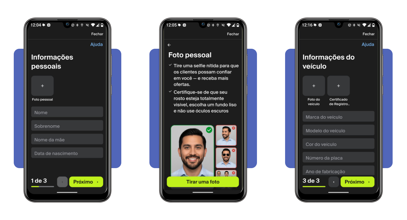 Tela de preenchimento de dados pessoais e do veículo no inDrive